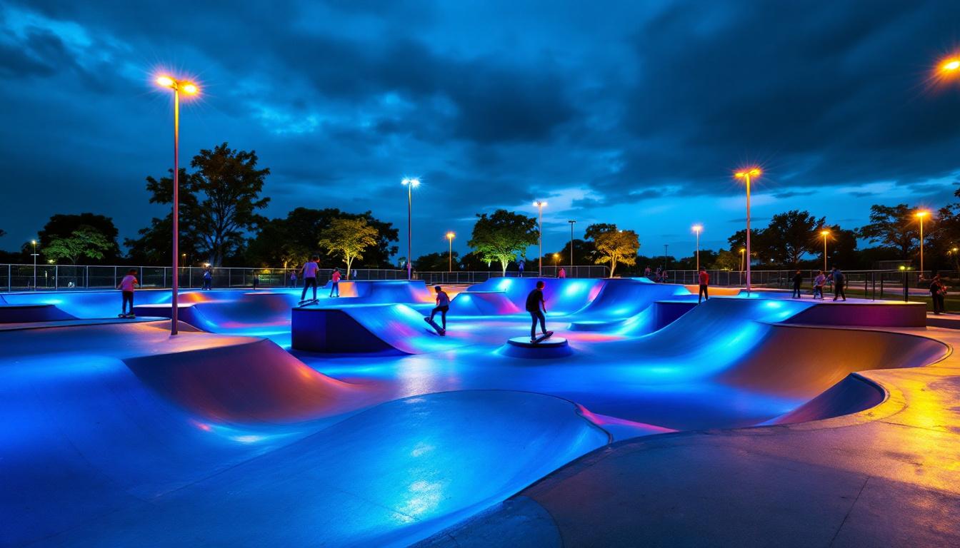 A photograph of capture a photograph of a vibrant skate park at dusk