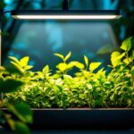 A photograph of a vibrant indoor garden illuminated by a sleek led plant growing lamp