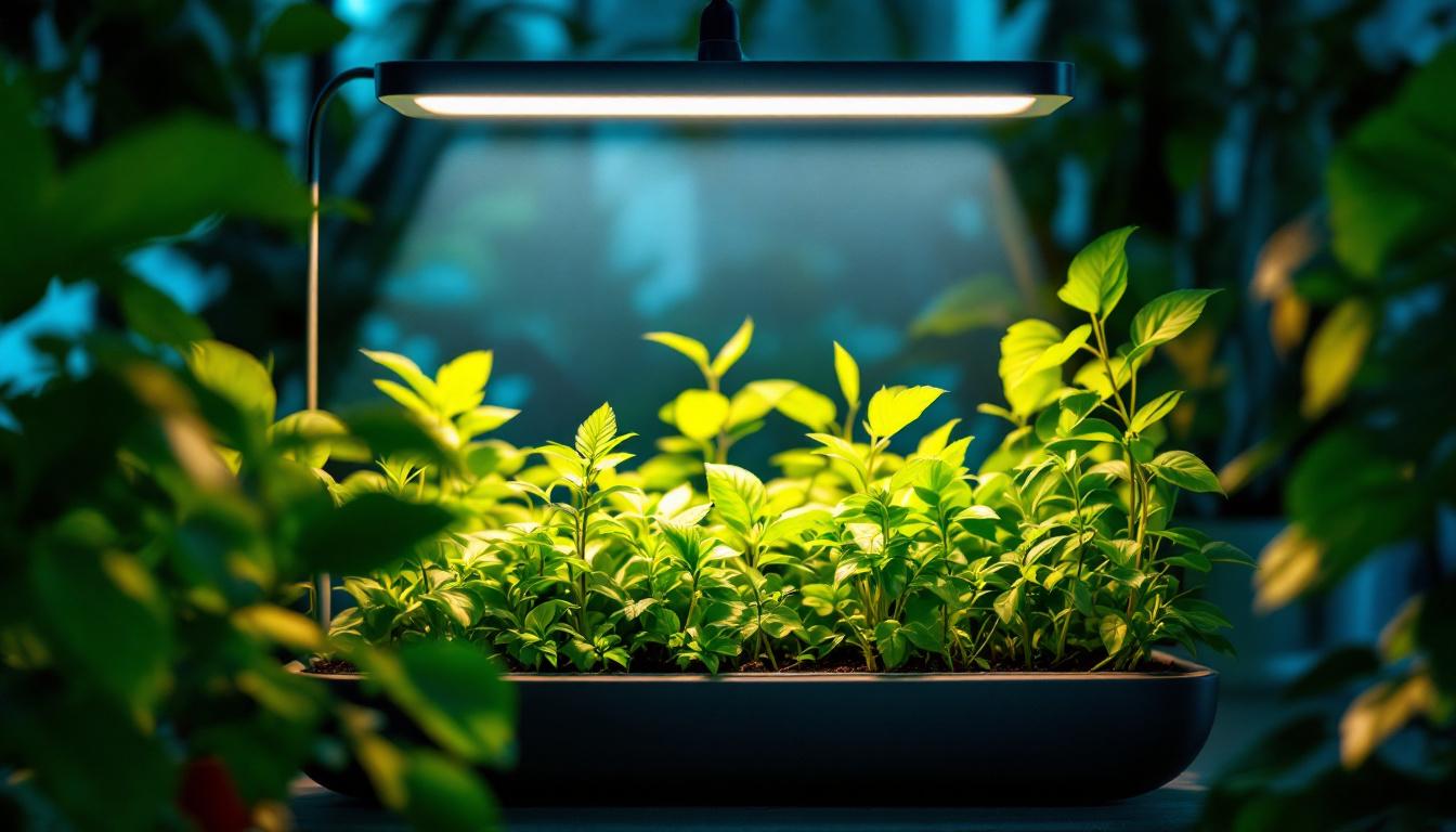 A photograph of a vibrant indoor garden illuminated by a sleek led plant growing lamp