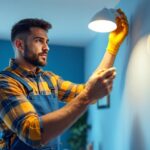 A photograph of a skilled lighting contractor efficiently installing a sleek