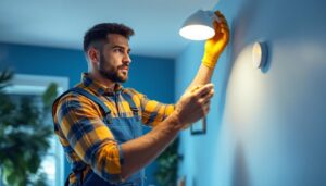 A photograph of a skilled lighting contractor efficiently installing a sleek