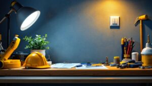 A photograph of a well-organized workspace featuring an array of inexpensive light switches
