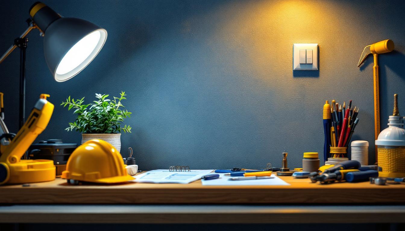A photograph of a well-organized workspace featuring an array of inexpensive light switches