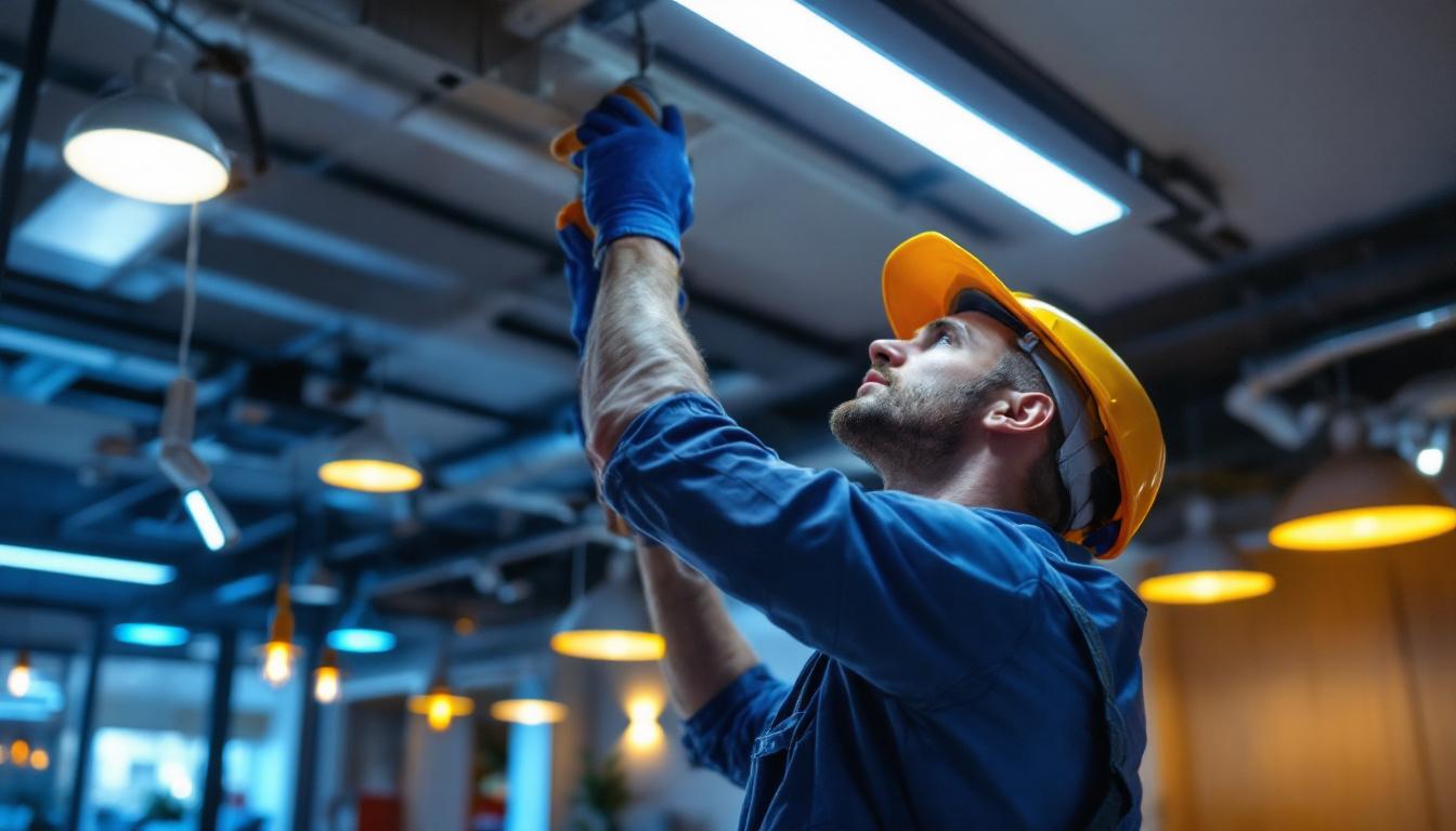 A photograph of a lighting contractor expertly installing keystone led fixtures in a modern commercial space