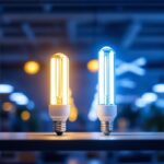 A photograph of a side-by-side comparison of t12 and t8 fluorescent bulbs illuminated in a modern lighting installation