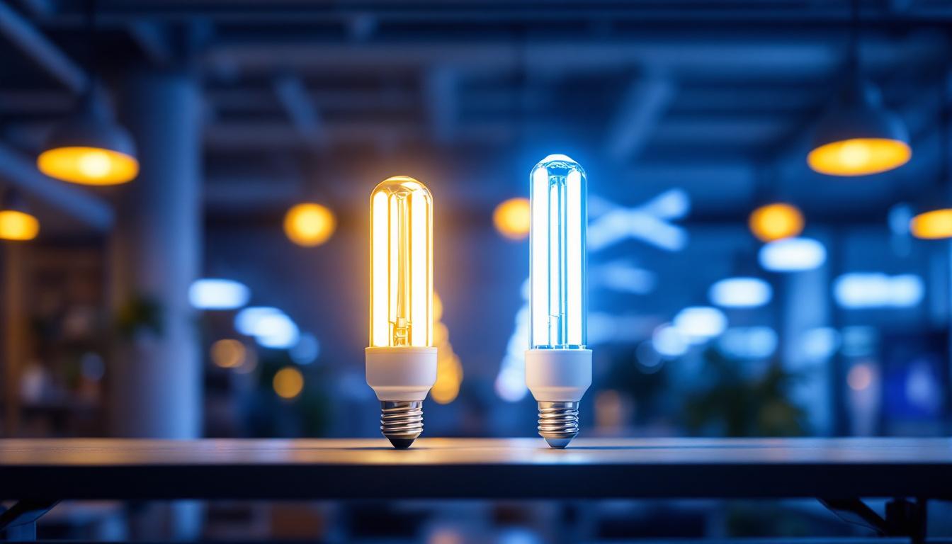 A photograph of a side-by-side comparison of t12 and t8 fluorescent bulbs illuminated in a modern lighting installation