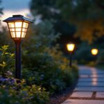 A photograph of a beautifully designed solar outdoor lantern post illuminating a garden pathway at dusk