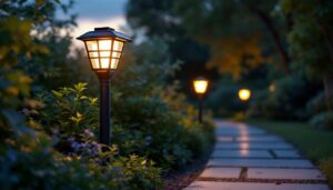 A photograph of a beautifully designed solar outdoor lantern post illuminating a garden pathway at dusk