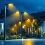 A photograph of a well-lit outdoor commercial space featuring various types of pole lights in use
