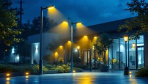 A photograph of a well-lit outdoor commercial space featuring various types of pole lights in use