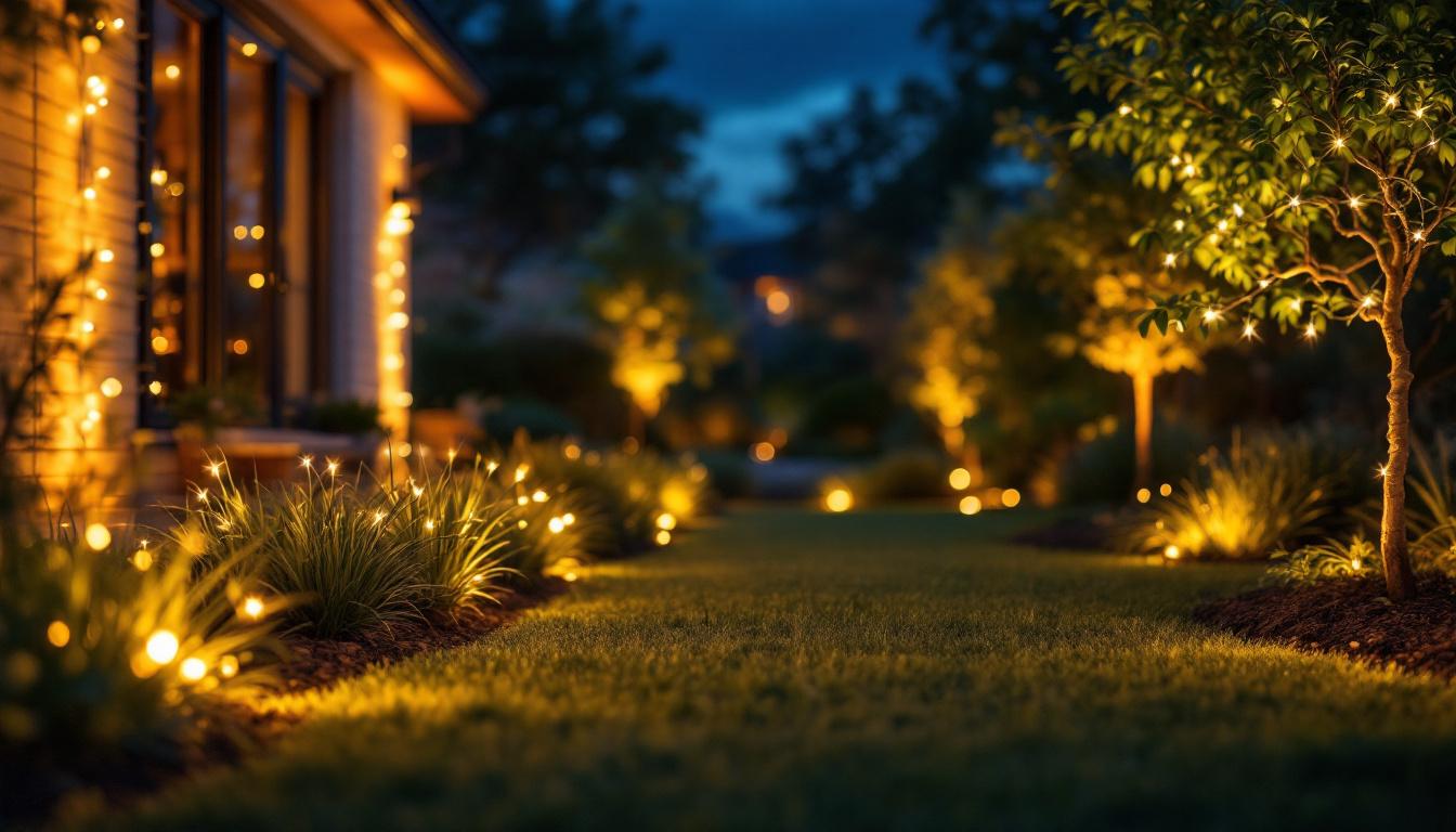 A photograph of a beautifully landscaped outdoor space illuminated by miniature led lights at dusk