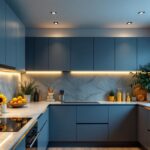 A photograph of a modern kitchen featuring sleek led recessed lighting that highlights the countertops and cabinetry