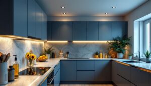 A photograph of a modern kitchen featuring sleek led recessed lighting that highlights the countertops and cabinetry