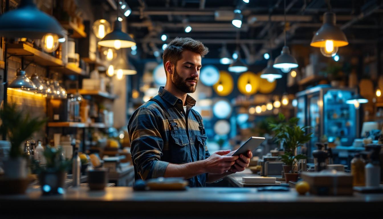 A photograph of a lighting contractor engaging with a commercial outlet