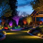 A photograph of a beautifully illuminated outdoor space featuring vibrant colored landscape lighting