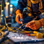A photograph of a skilled lighting contractor installing waterproof electrical wire in an outdoor setting