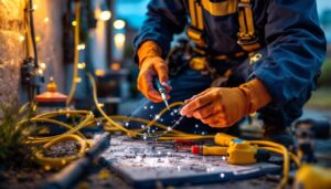 A photograph of a skilled lighting contractor installing waterproof electrical wire in an outdoor setting