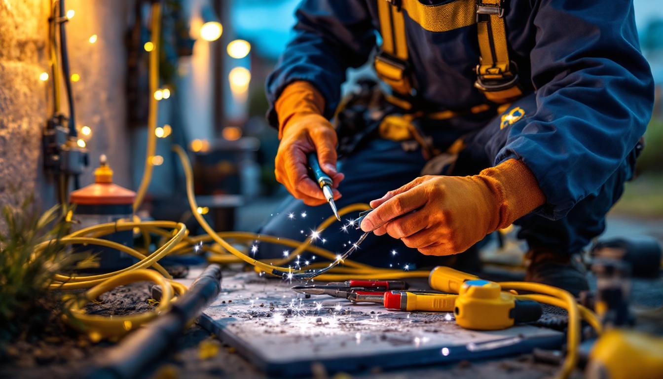 A photograph of a skilled lighting contractor installing waterproof electrical wire in an outdoor setting