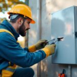 A photograph of a lighting contractor inspecting an outdoor breaker box cover