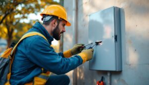 A photograph of a lighting contractor inspecting an outdoor breaker box cover
