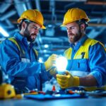 A photograph of a lighting contractor carefully inspecting and installing a mercury vapor lamp ballast in a commercial setting