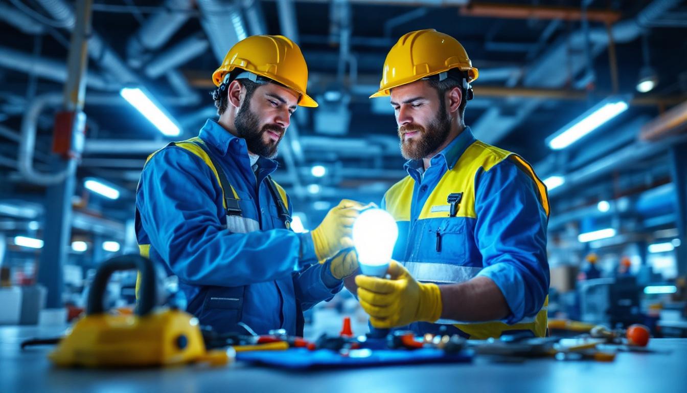 A photograph of a lighting contractor carefully inspecting and installing a mercury vapor lamp ballast in a commercial setting