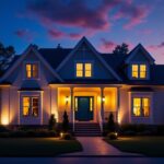 A photograph of a beautifully lit front house exterior during twilight