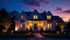 A photograph of a beautifully lit front house exterior during twilight