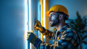 A photograph of a lighting contractor expertly installing a vibrant 48 led strip light in a modern interior setting