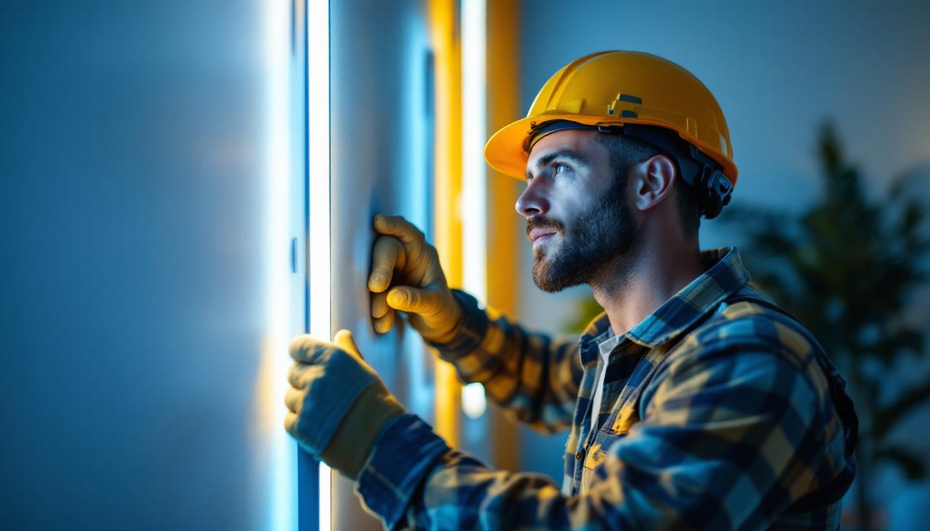 A photograph of a lighting contractor expertly installing a vibrant 48 led strip light in a modern interior setting