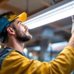 A photograph of a lighting contractor skillfully installing a 10-foot led light fixture in a commercial or residential setting