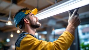 A photograph of a lighting contractor skillfully installing a 10-foot led light fixture in a commercial or residential setting