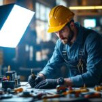 A photograph of a lighting contractor in action