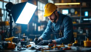 A photograph of a lighting contractor in action