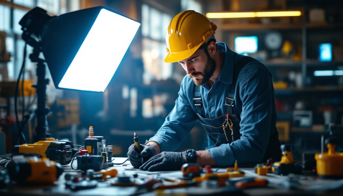 A photograph of a lighting contractor in action