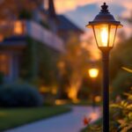 A photograph of a dusk-to-dawn outdoor light fixture illuminating a beautifully landscaped garden or pathway