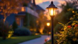 A photograph of a dusk-to-dawn outdoor light fixture illuminating a beautifully landscaped garden or pathway