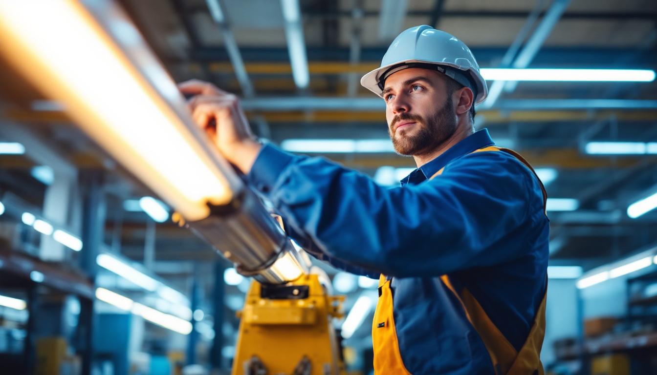 A photograph of a lighting contractor installing or inspecting led tubes in a commercial setting