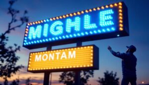 A photograph of a well-lit led monument sign at dusk