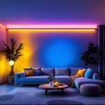 A photograph of a modern residential space featuring vibrant rgb house lights in various settings
