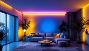 A photograph of a modern residential space featuring vibrant rgb house lights in various settings