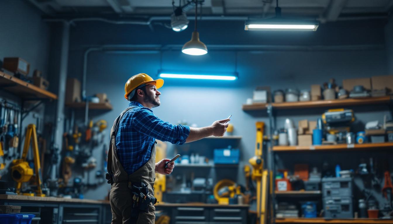 A photograph of a well-lit workshop or garage space showcasing inexpensive led shop lights in use