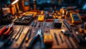 A photograph of a well-organized toolkit displaying a variety of electrical tools