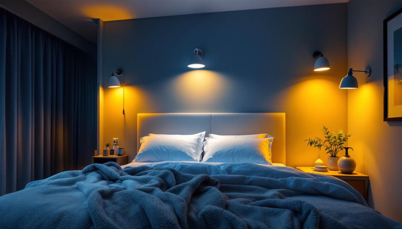 A photograph of a well-lit hotel room showcasing various lighting fixtures
