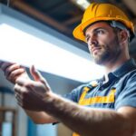 A photograph of a lighting contractor installing or showcasing a 6-foot led light in a commercial or residential setting