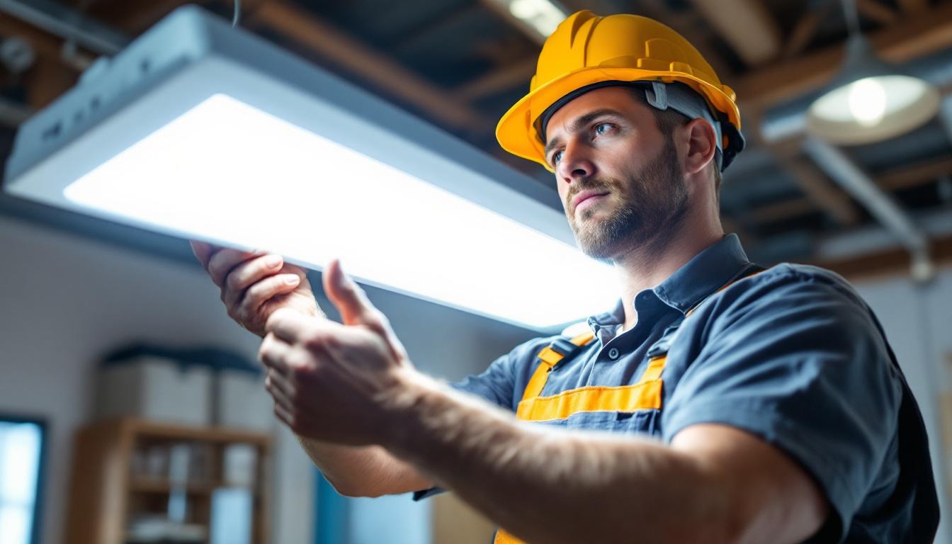 A photograph of a lighting contractor installing or showcasing a 6-foot led light in a commercial or residential setting