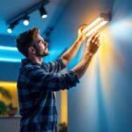A photograph of a modern lighting designer installing sleek led fixtures in a stylish interior space