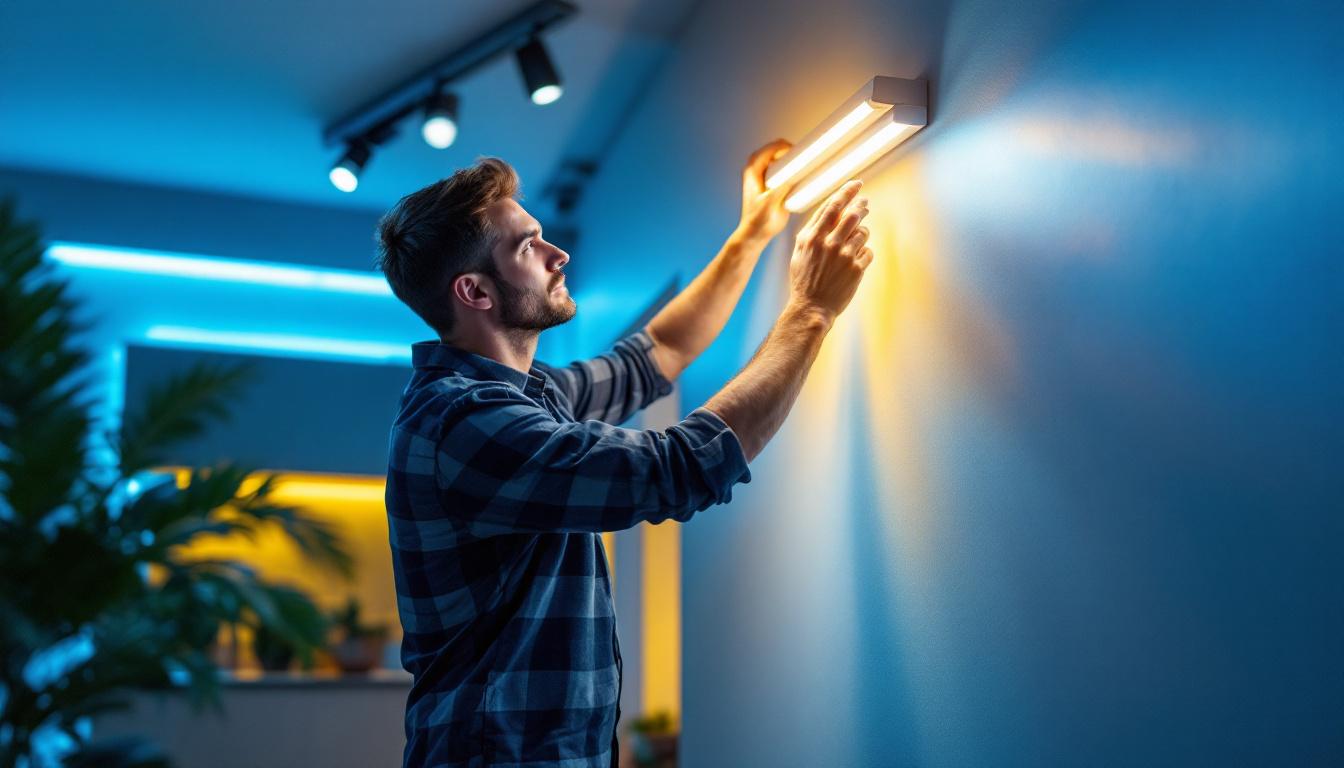 A photograph of a modern lighting designer installing sleek led fixtures in a stylish interior space