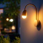 A photograph of a stylish gooseneck wall mount light installed in a modern outdoor setting
