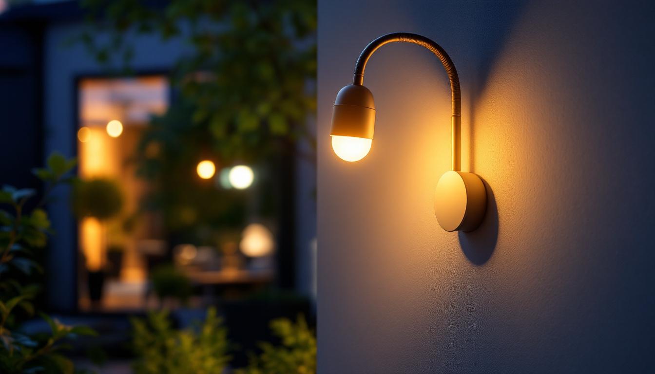 A photograph of a stylish gooseneck wall mount light installed in a modern outdoor setting